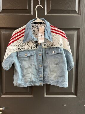 Light Blue Denim Cropped Jacket with White Lace and Red Stripe Detail